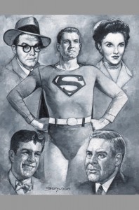 george-reeves-superman-tv-television-series-original-art-painting-signed-sanjulian-lois-lane-jimmy-olsen-clark-kent-perry-white-1